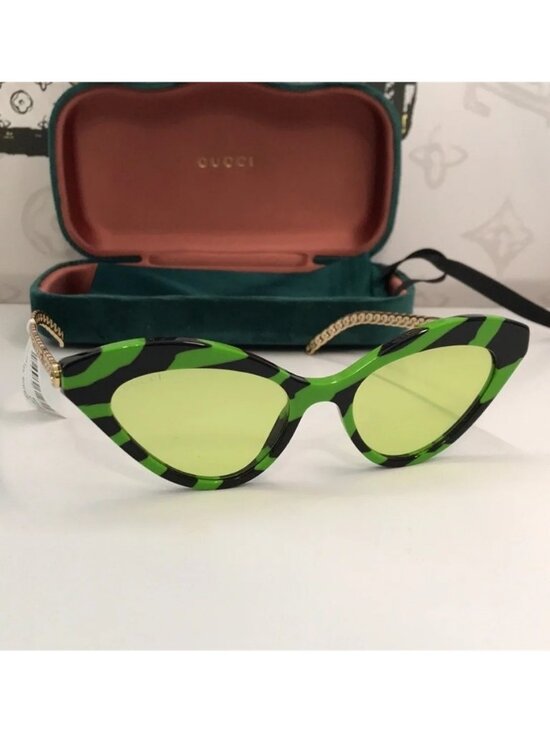New Authentic Gucci GG0978S 006 Zebra Cat-Eye Sunglasses w/ GG Charms Green/Gold main image 9